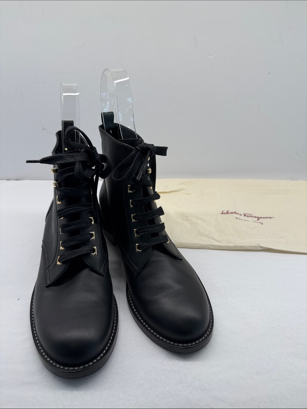 Salvatore Ferragamo Black Leather Lace-Up Ankle Boots with Gold Eyelets